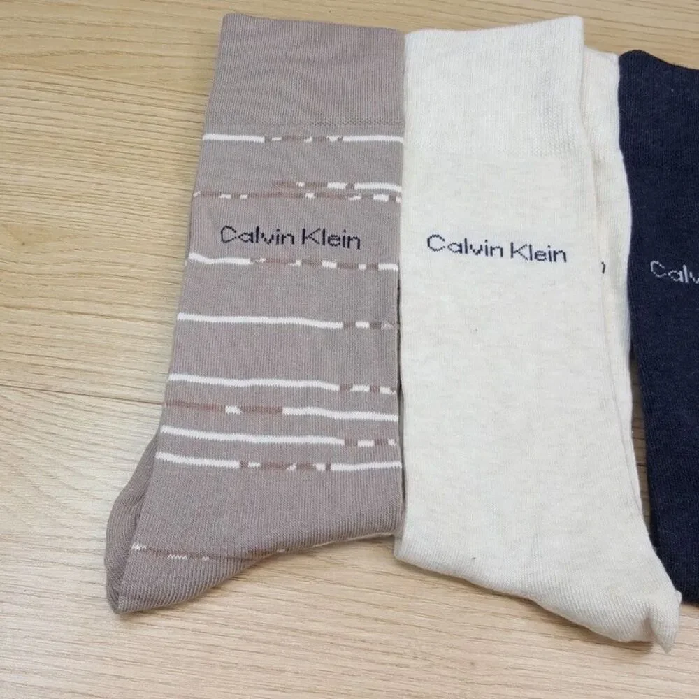 CALVIN KLEIN Mens Dress Socks 3-Pack tan Navy Cream Cotton Blend Logo Size 7-12